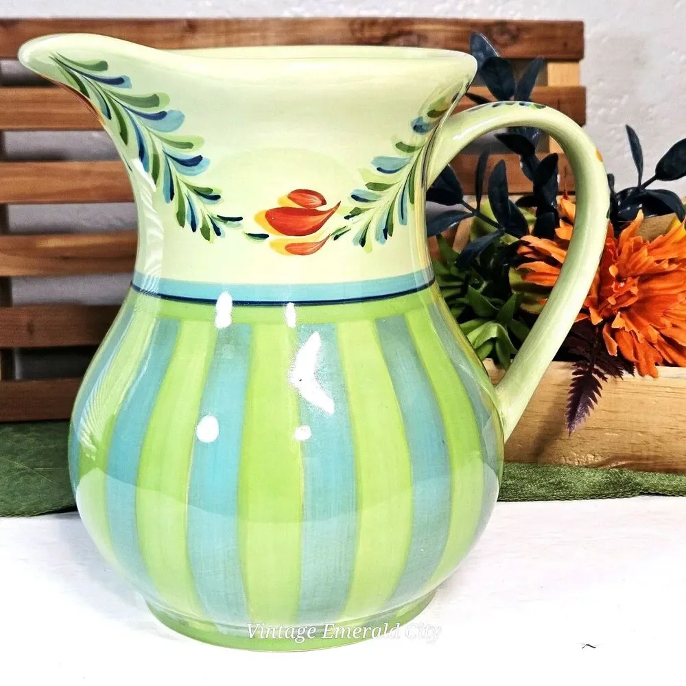 Vtg Large Provence Gail Pittman Water Pitcher Jug Flowers Green & Blue Stripes